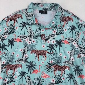 GreenSide Golf Mens XL Polo Shirt Tropical Cheetah Flamingo Mint Green Performan